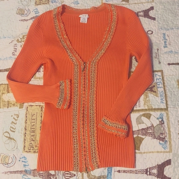 Cache’ Woman’s Size Large Orange Zip Front Gold Woven Trim Silk Blend Slim Top - Picture 1 of 9